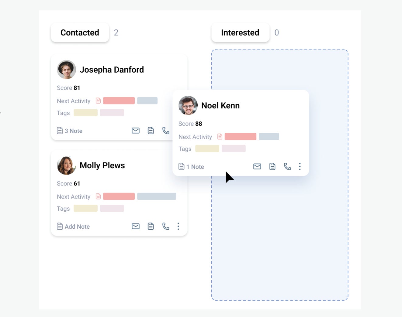 Freshsales kanban cards with drag-and-drop feature.