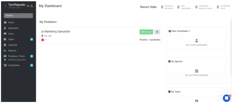 Dashboard showing open job positions and sidebar for new candidates, agenda, and tasks.