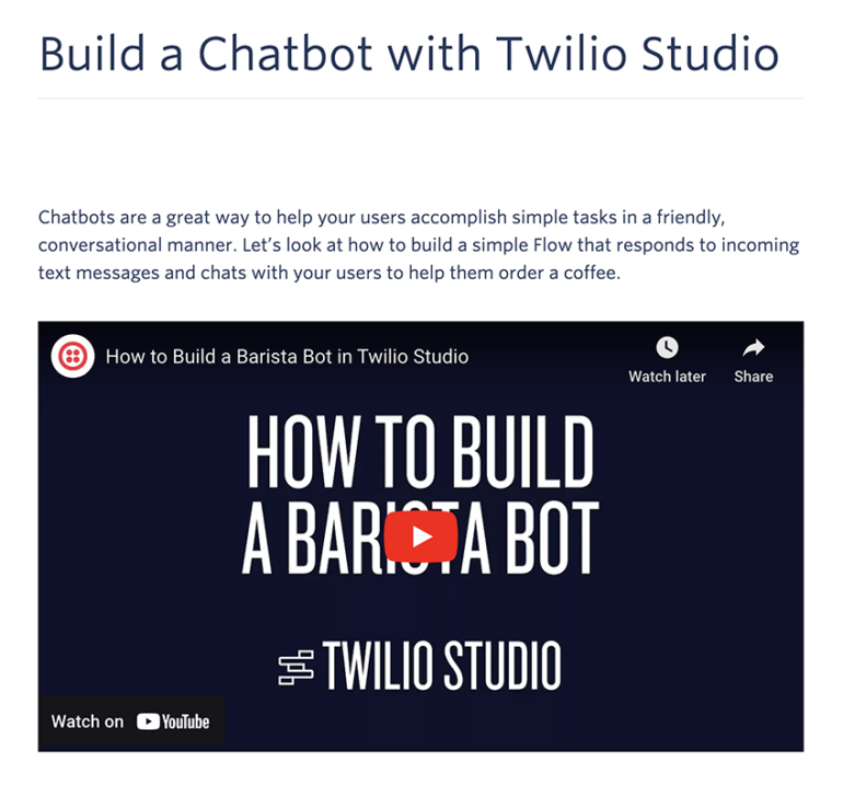 Build a chatbot with Twilio Studio tutorial. Chatbots are a great way to help your users accomplish simple tasks in a friendly, conversational manner. Let's look at how to build a simple flow that responds to incoming text messages and chats with your users to help them order a coffee. 