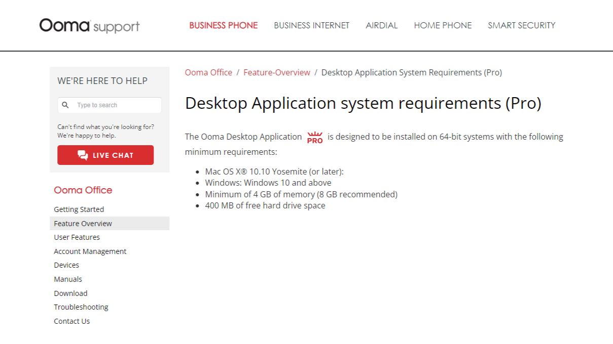 Ooma softphone support.