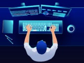 Top view flat vector illustration of a developer working on a workstation.