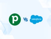 Versus graphic featuring the icons of Pipedrive and Salesforce.