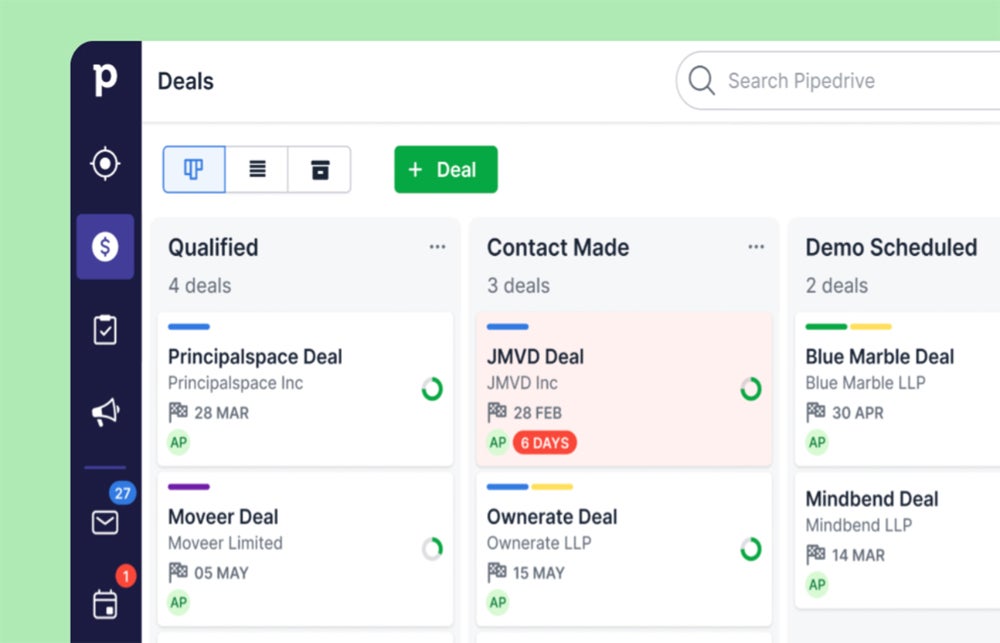 Pipedrive sales pipeline and deal feature.