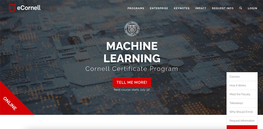 Cornell University's Machine Learning Certificate Program course screenshot.