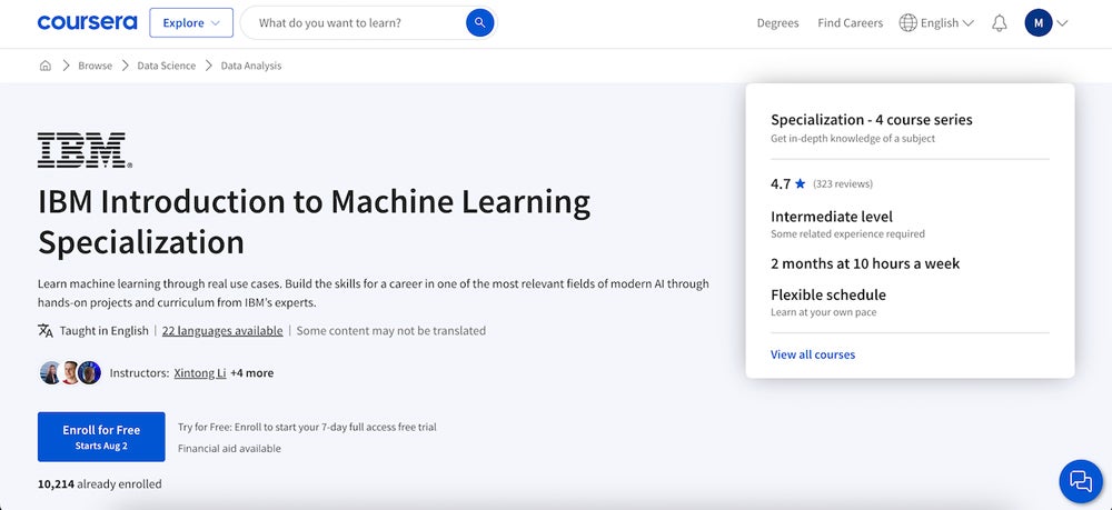 IBM Introduction to Machine Learning Specialization course screenshot.