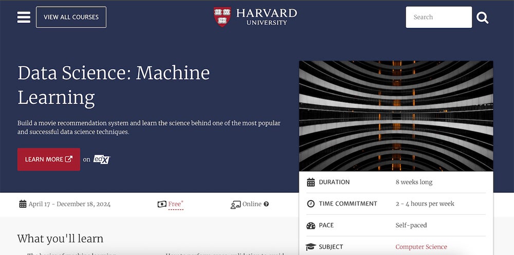 Harvard University's Data Science: Machine Learning course screenshot.