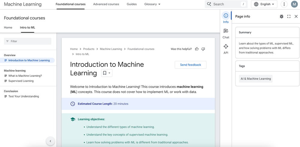 Google Introduction to Machine Learning course screnshot.