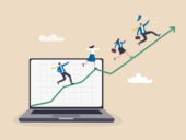 Business people running from growing graph from computer laptop.