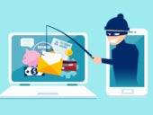 Vector illustration of a thief from a smart phone fishing items from a laptop.