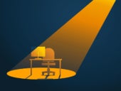 Flat vector illustration of an lone empty workdesk under a spotlight.