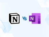 Versus graphic featuring the icons of Notion and Microsoft OneNote.