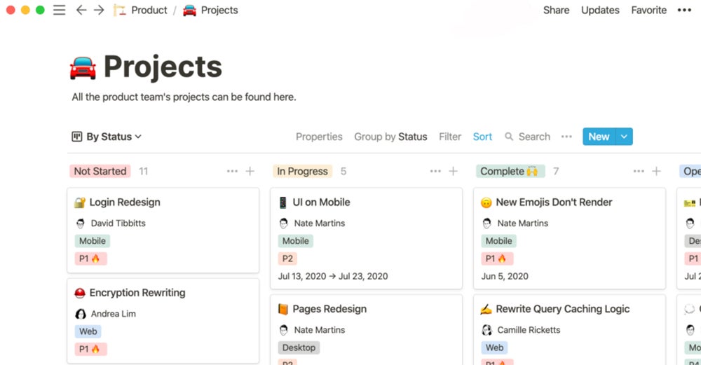 An example of a kanban board in Notion.