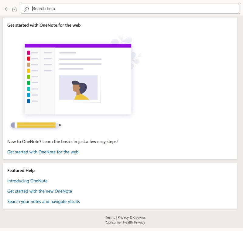 The Help Center in the OneNote web app.