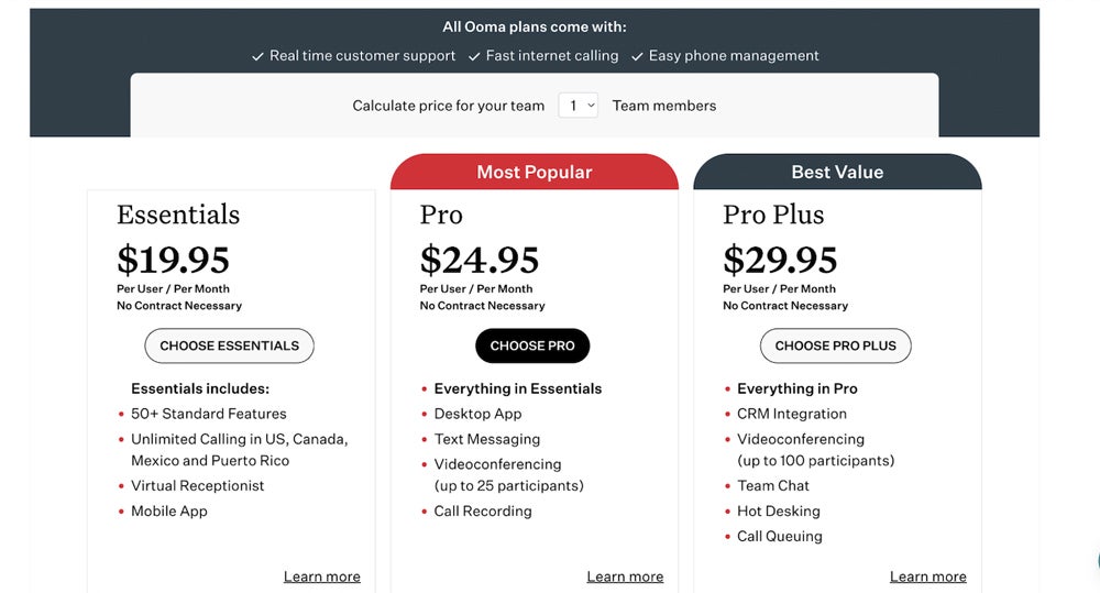 Ooma pricing screenshot.