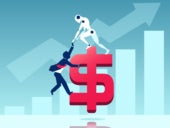 Vector of a robot helping businessman to climb a dollar sign.