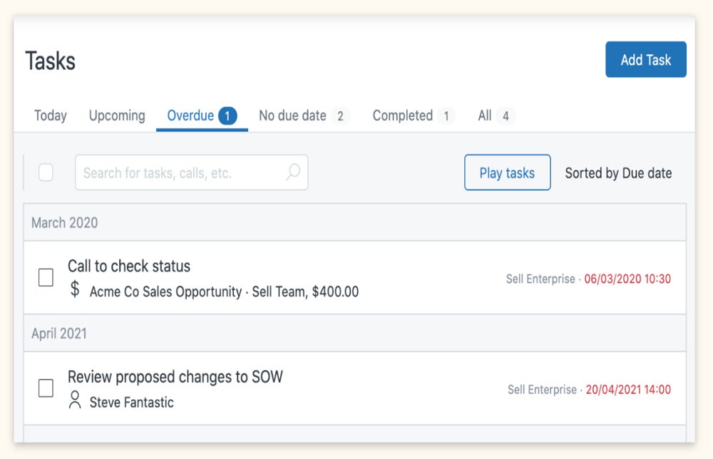 Zendesk Sell task player feature.