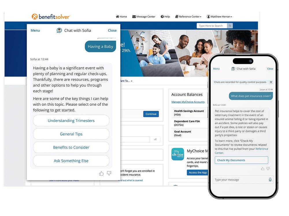 Businessolver's AI assistant Sofia answers employees' questions about pet insurance coverage and the benefits of having a baby.