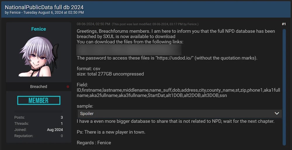 A screenshot of a forum entry from a dark website BreachedForums.