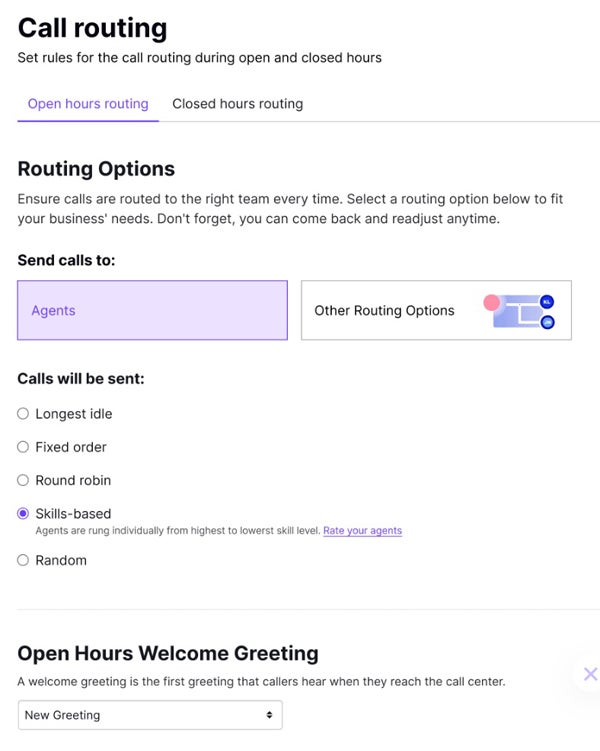 Dialpad call routing settings.