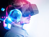 Office woman in VR glasses, with virtual images on the foreground.