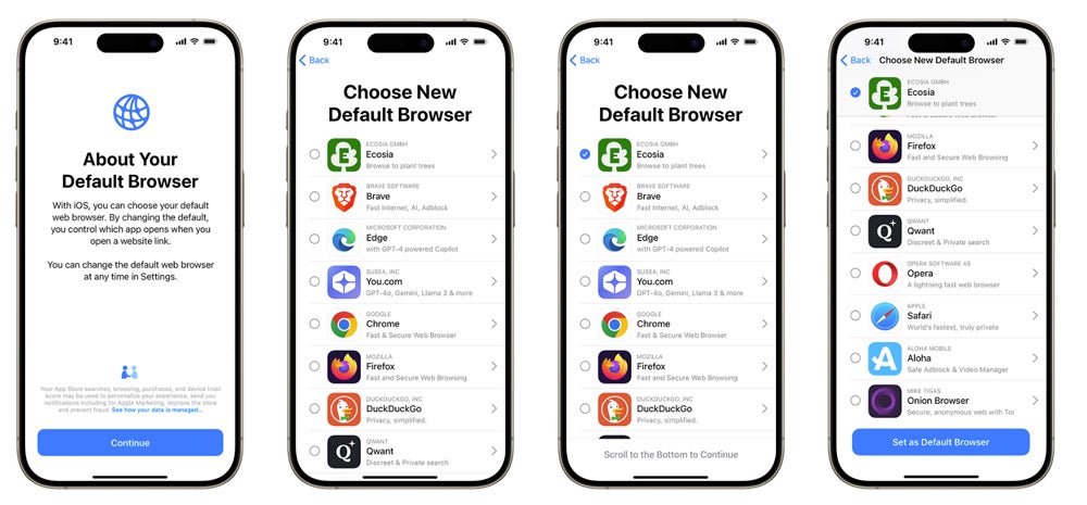 A row of iPhones with displays showing how to change browser settings.