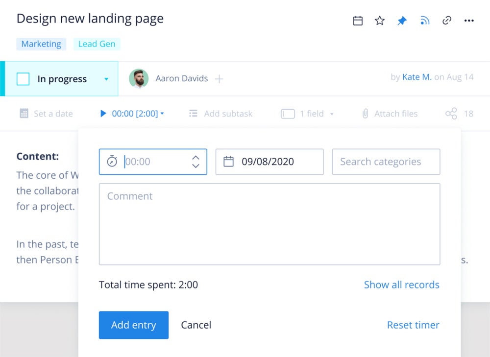 The native time clock in Wrike allows employees to self-report time.