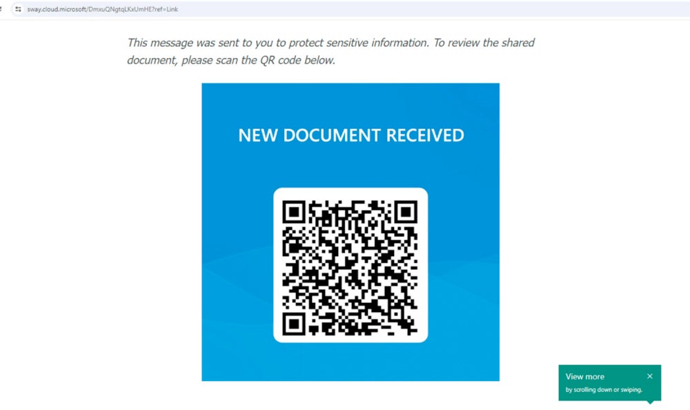 QR code spread via Microsoft Sway leads users to phishing page.