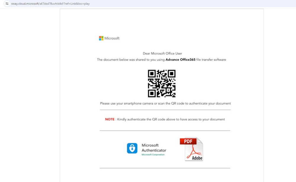 Another example of Sway page containing malicious QR code leading to phishing URL.