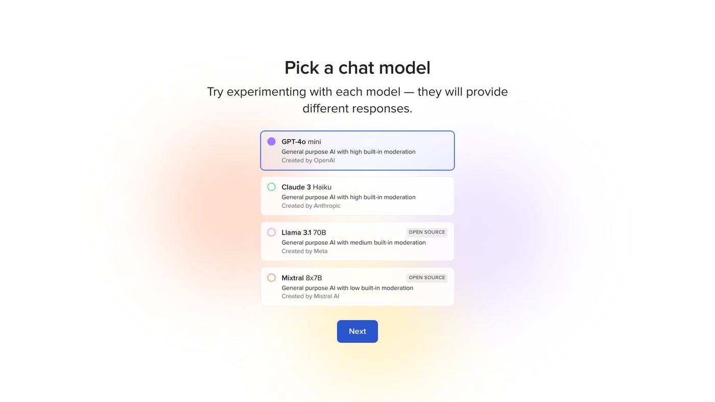 Choose from the GPT-4o mini, Claude 3 Haiku, Llama 3.1 70B or Mixtral 8x7B models.
