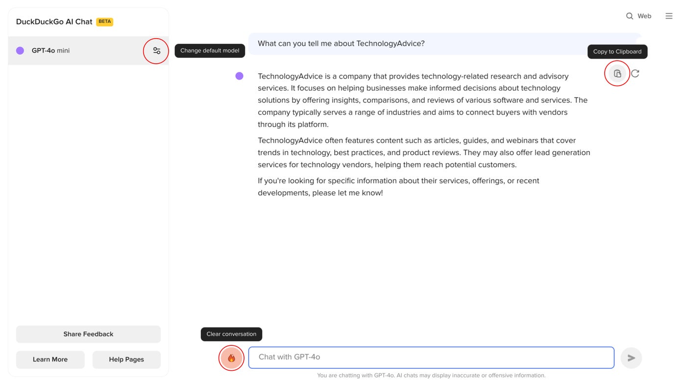 Duck.ai options for change, copy, and clear.