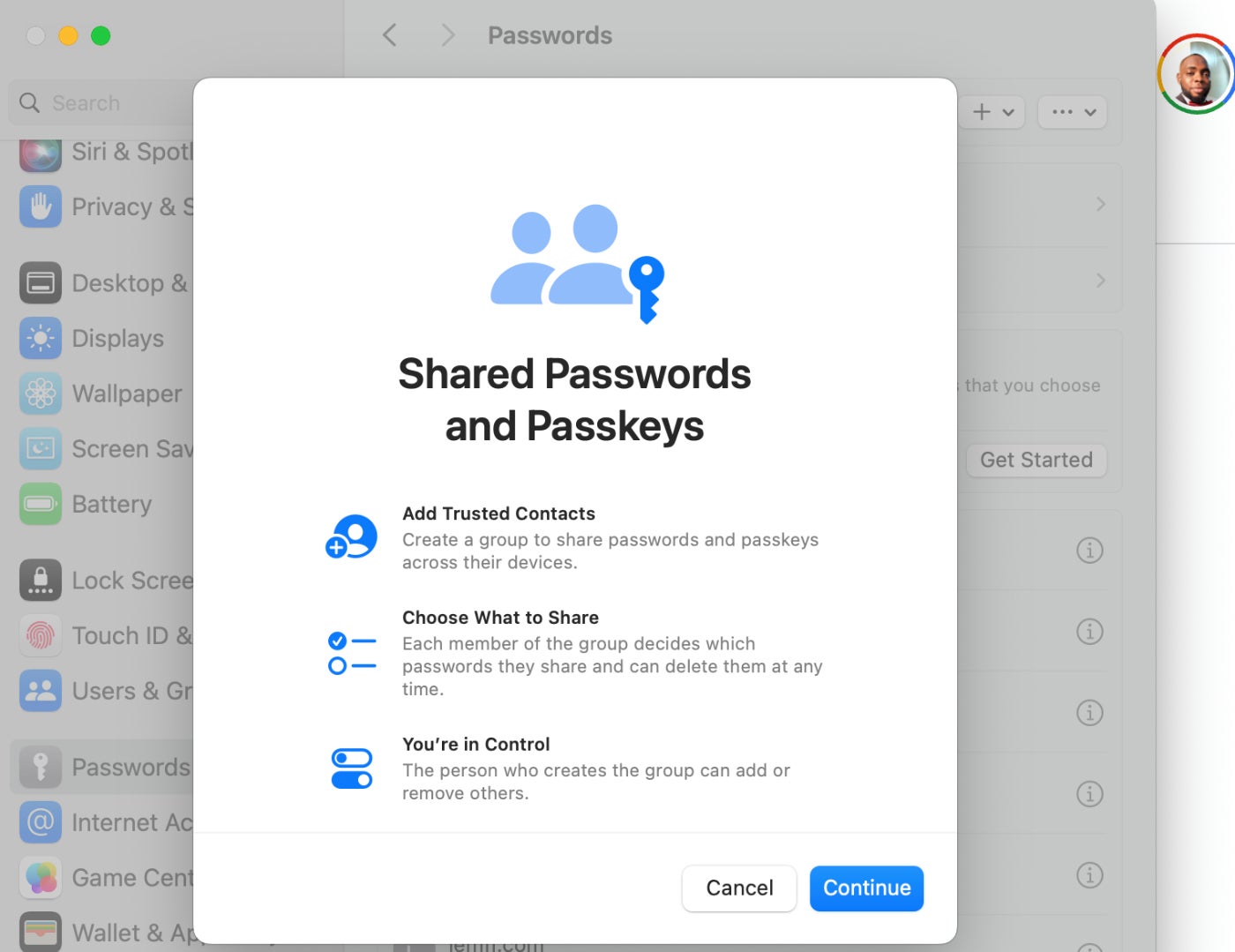 A screenshot of Apple iCloud Keychain showing available password sharing options on Mac.