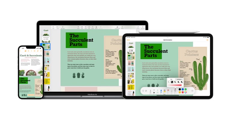 Apple Pages document featured across iPhone, MacBook, and iPad screens.