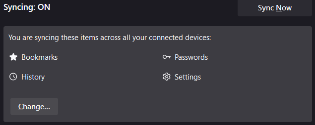 Firefox sync settings.