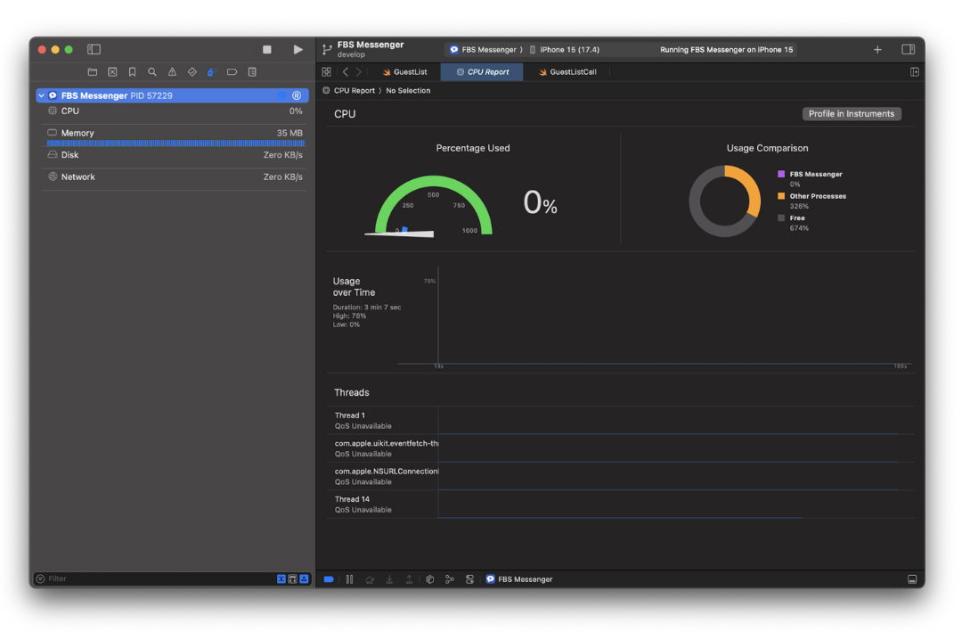 A battery usage report in Xcode.