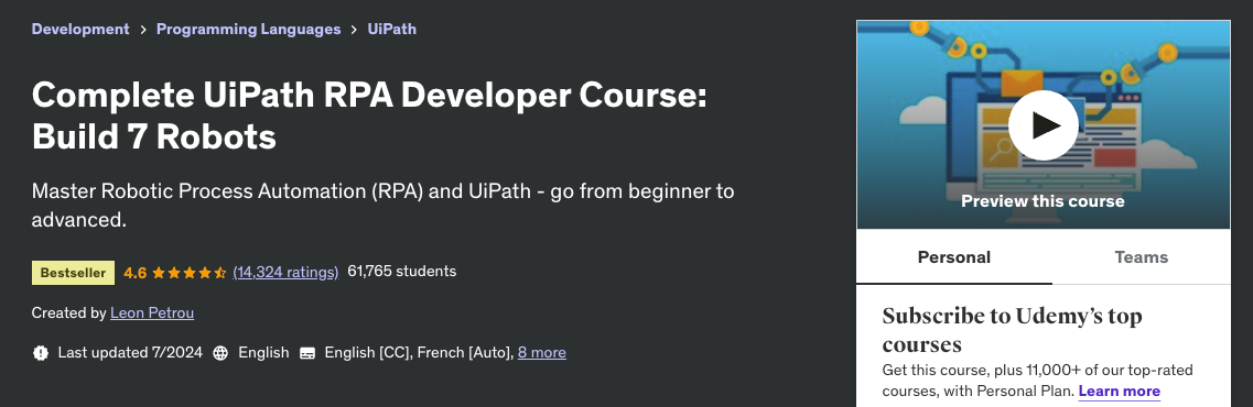 Udemy Complete UiPath RPA Developer Course: Build 7 Robots.