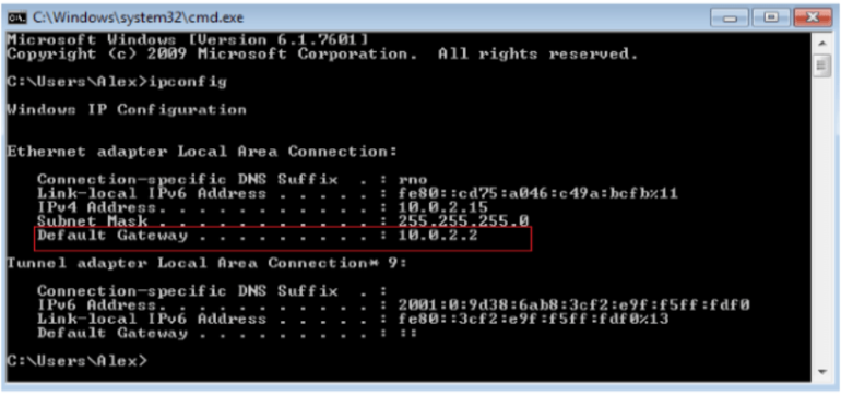 What it looks like to find your default gateway on a Windows computer.