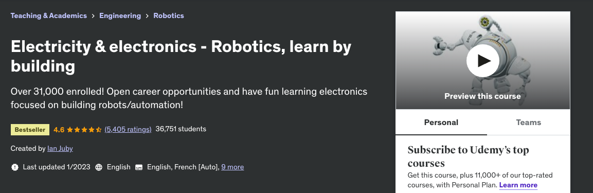 Udemy Electricity & electronics - Robotics, learn by building.