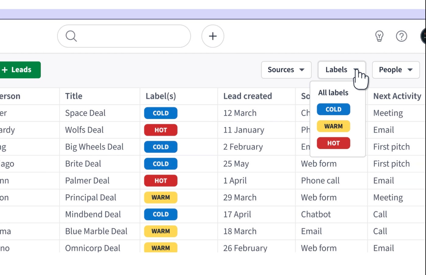 Pipedrive lead management feature.