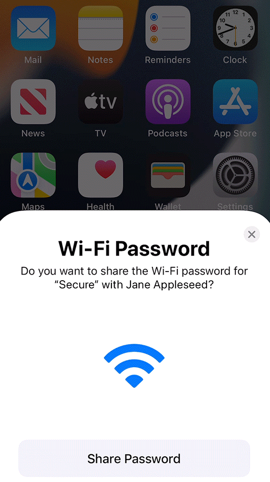 An example of a Share Password pop-up notification on an iPhone. 