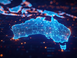 An abstract image representing the map of Australia in a high-tech data flow theme in bright blue colour.