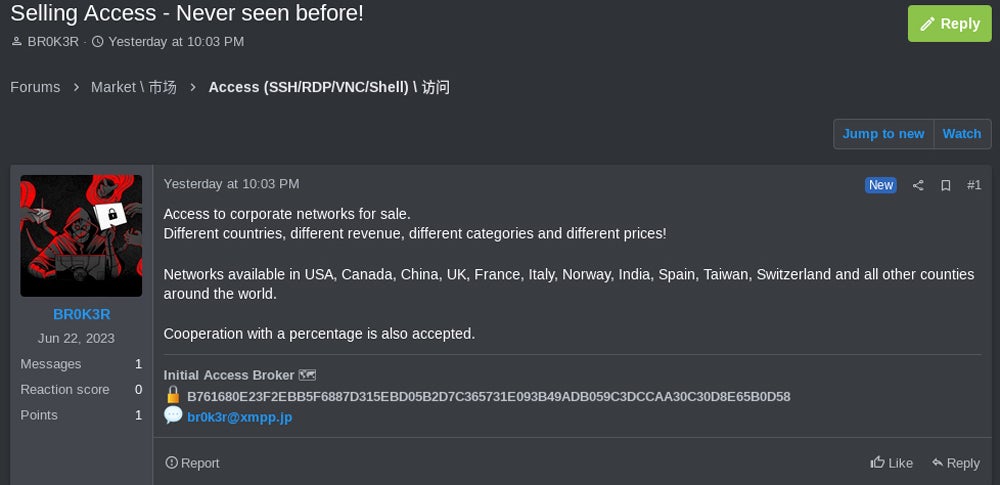 Threat actor Br0k3r offers access to corporate networks and mentions possible cooperation on an underground forum.