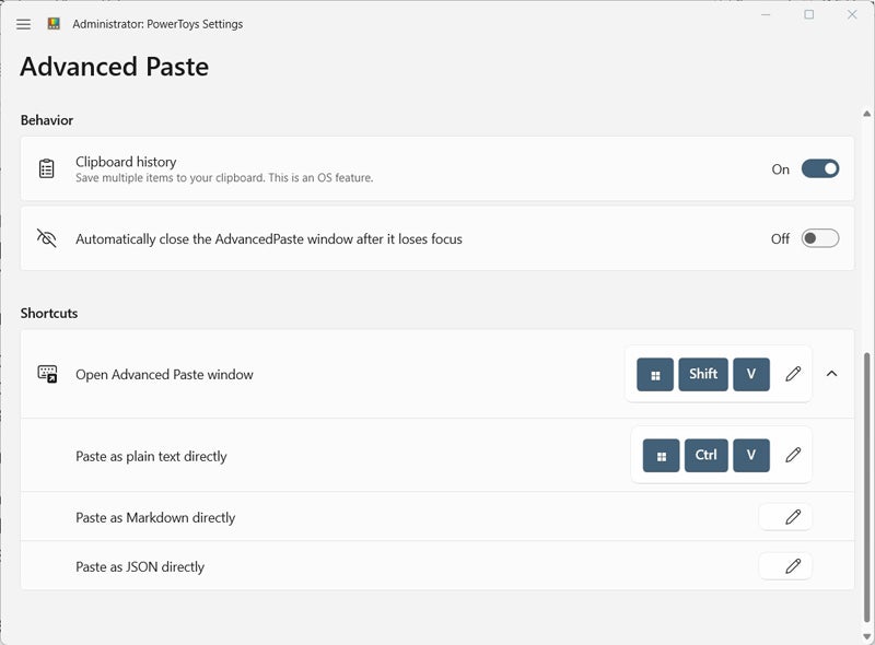 Default settings for the Advanced Paste settings screen.