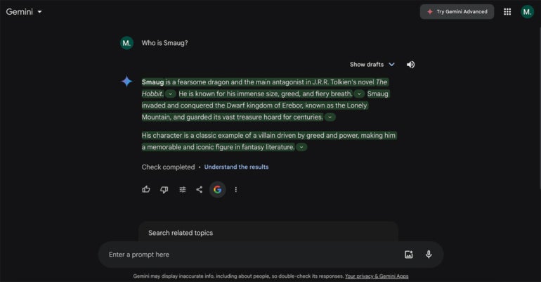 Google Gemini answering the question Who is Smaug?