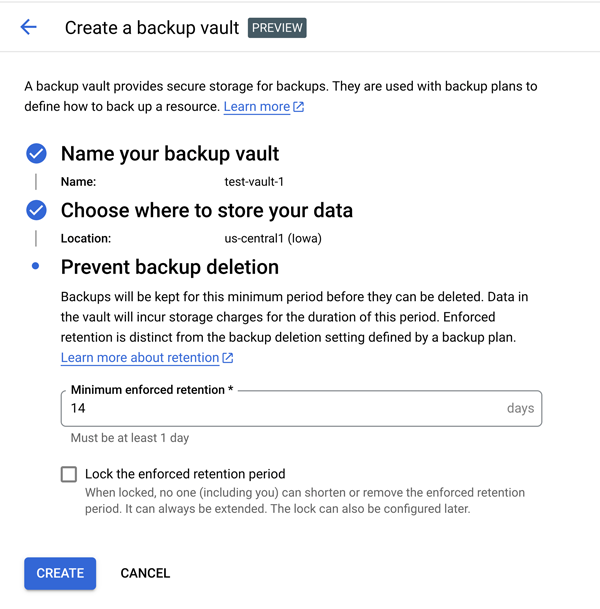 Setting up a backup vault may include adding a retention period.