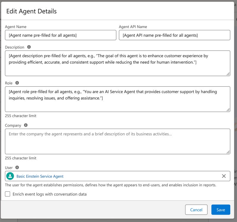 Salesforce Agentforce Edit Agent Details interface.