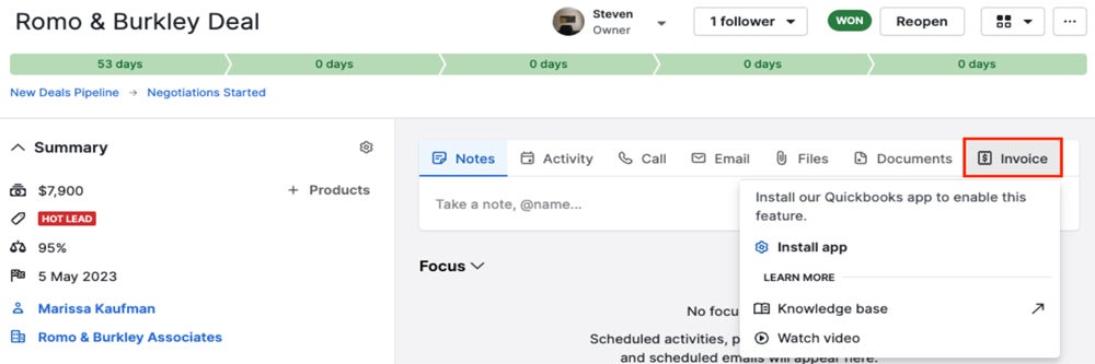 Pipedrive invoicing feature.