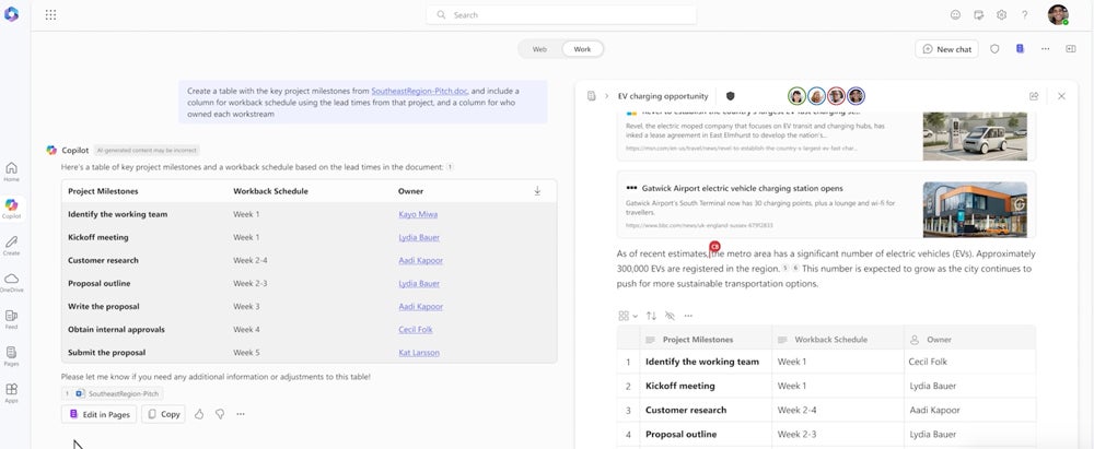 Pages opens as a column next to the Copilot search engine. Users can tag coworkers in and ask Copilot to add more documentation or company information to the shared Page.