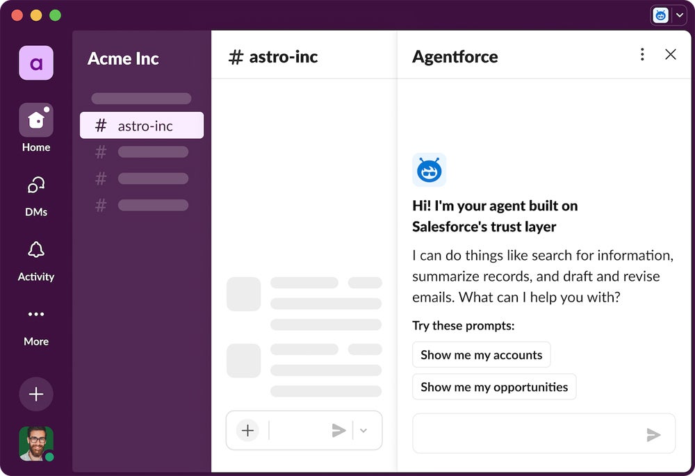 Slack interface with Agentforce integration.