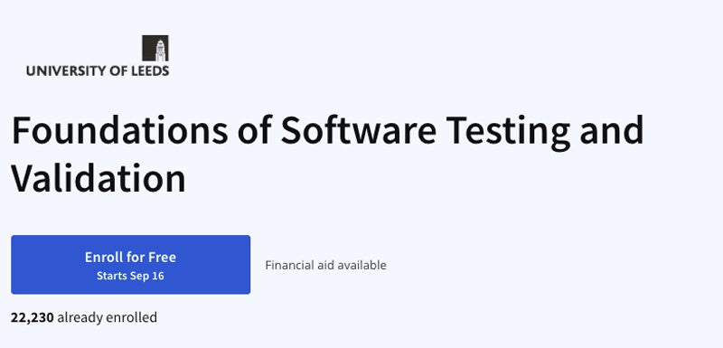 Coursera - Foundations of Software Testing and Validation course title screenshot.