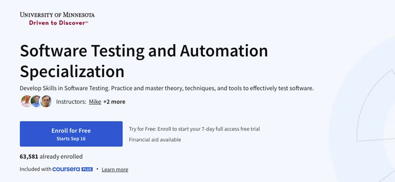 Coursera - Software Testing and Automation Specialization course title screenshot.